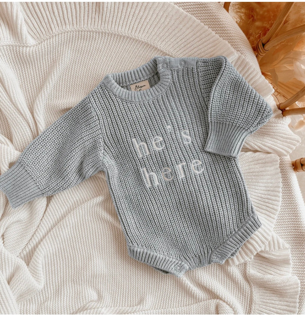 'He's Here' Powder Blue Long Sleeve Knit Romper (Size Newborn)