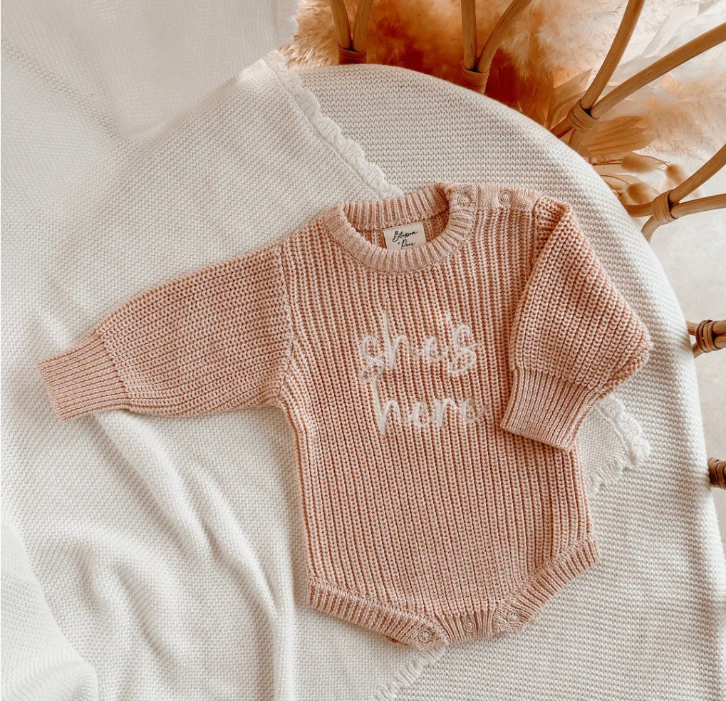 'She's Here' Pink Lemonade Long Sleeve Knit Romper (Size Newborn)