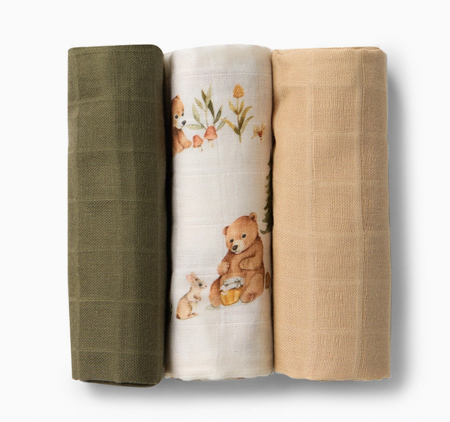 Small Organic Muslin Cloths 3 Pack - Bears/Olive/Pebble