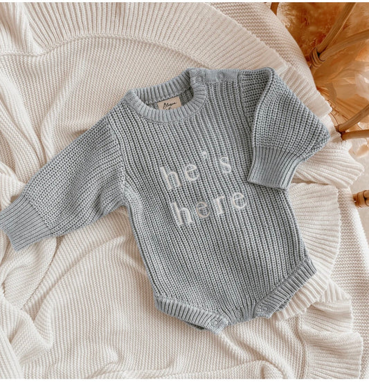 'He's Here' Powder Blue Long Sleeve Knit Romper (Size Newborn)