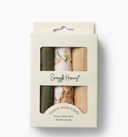 Small Organic Muslin Cloths 3 Pack - Bears/Olive/Pebble