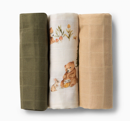 Small Organic Muslin Cloths 3 Pack - Bears/Olive/Pebble