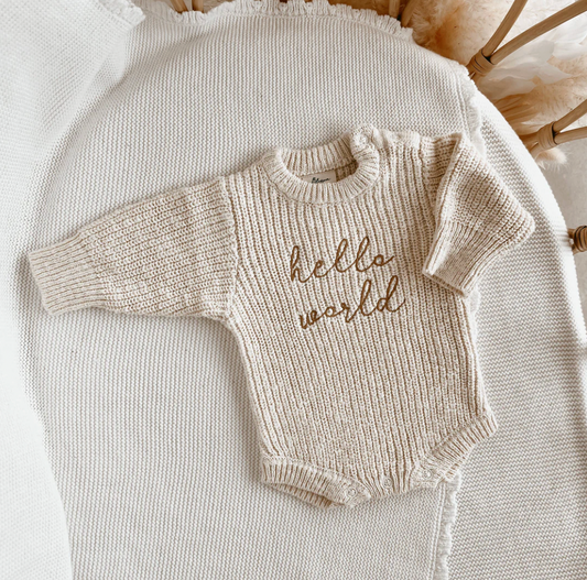 'Hello World' Chunky Knit Romper - Honey