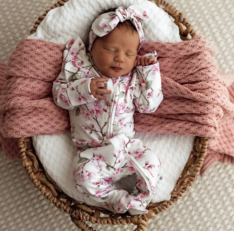 Cherry Blossom Organic Snuggle Sleepsuit Zip Footie with Frill